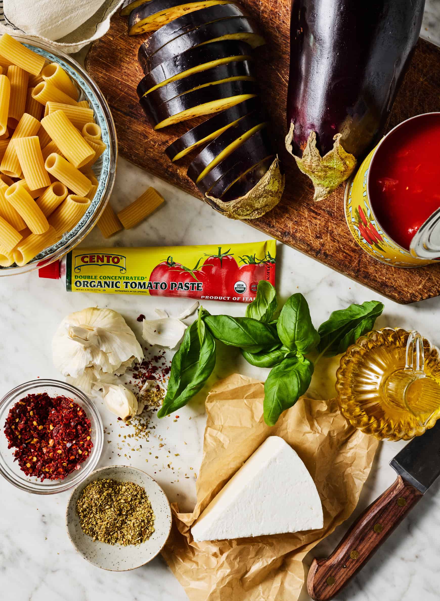 Pasta alla norma ingredients on countertop