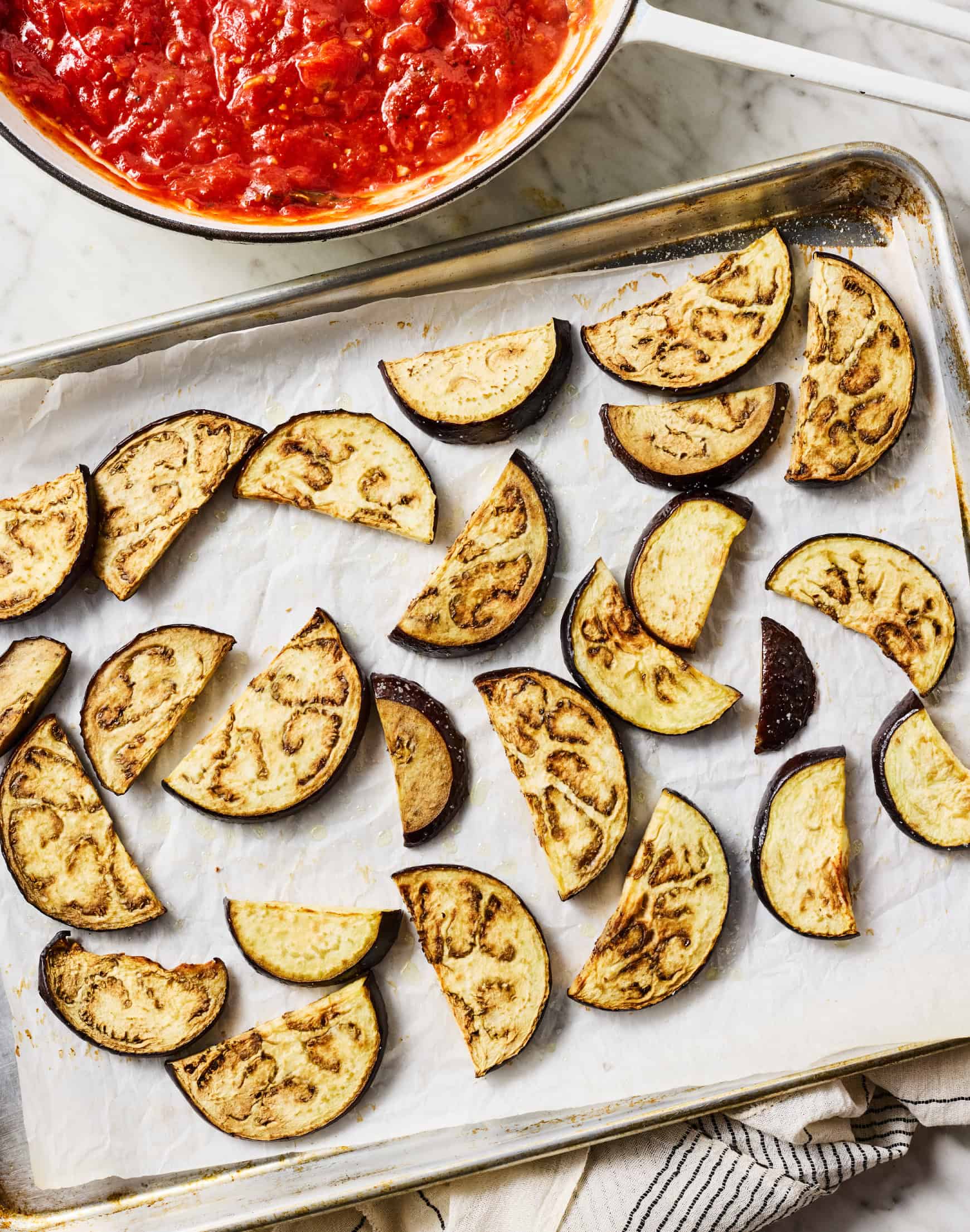 Roasted eggplant on baking sheet
