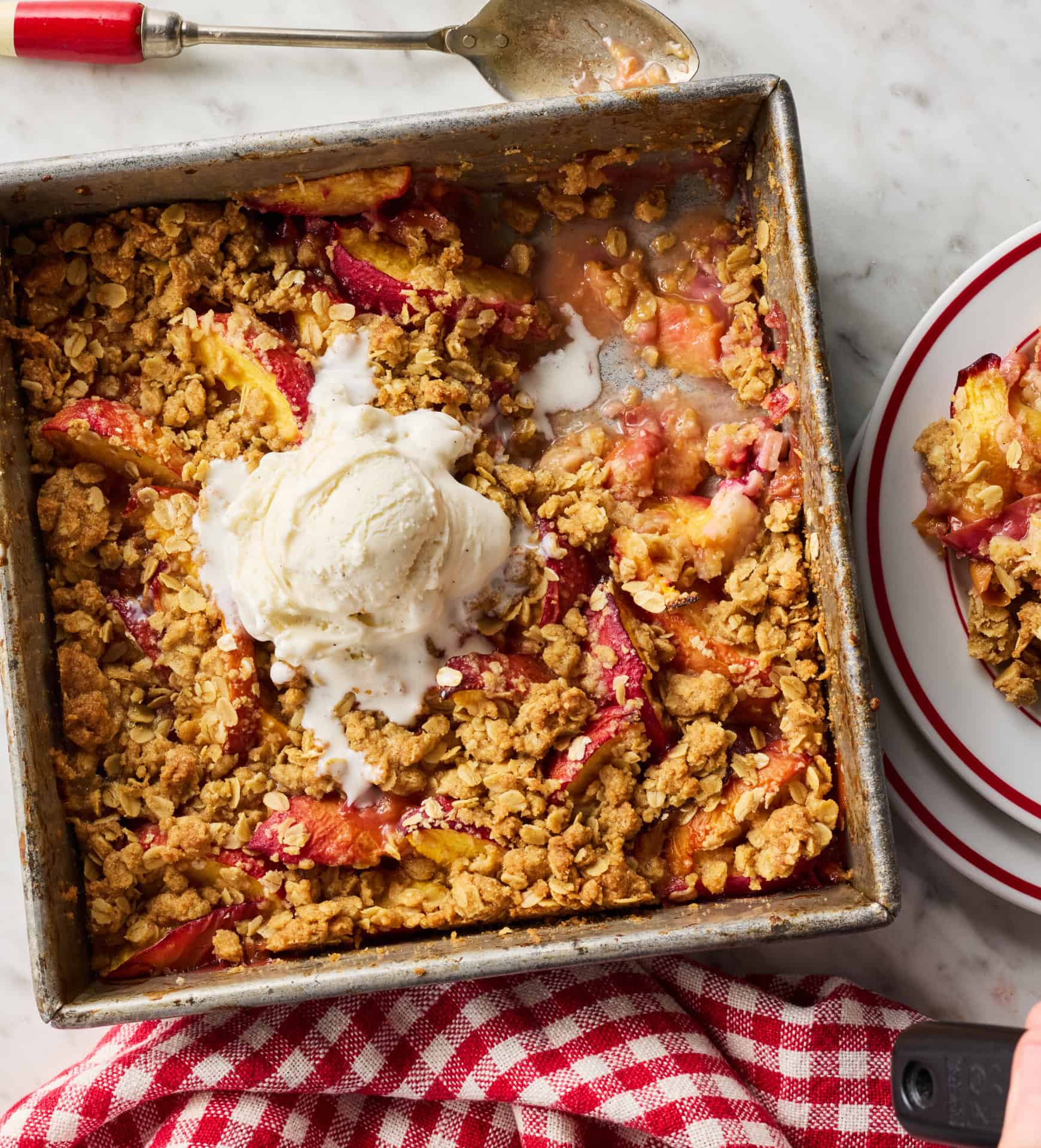 Peach crisp in baking dish