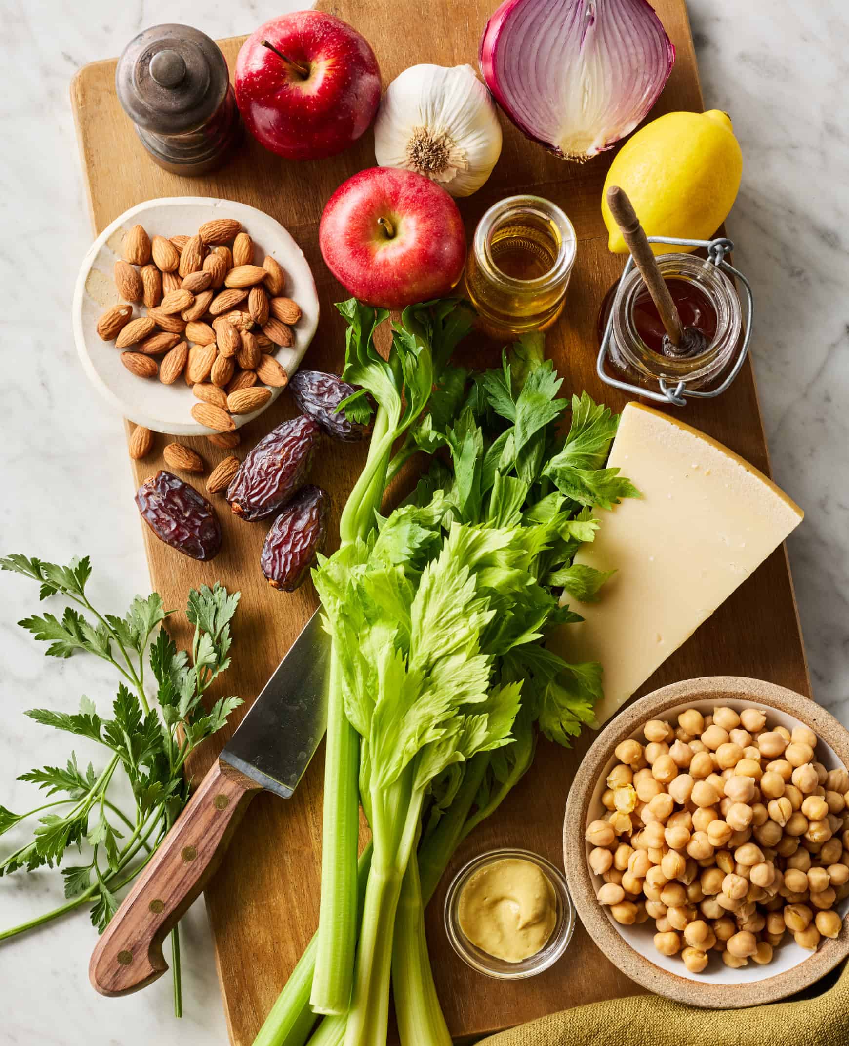 Celery salad recipe ingredients on cutting board