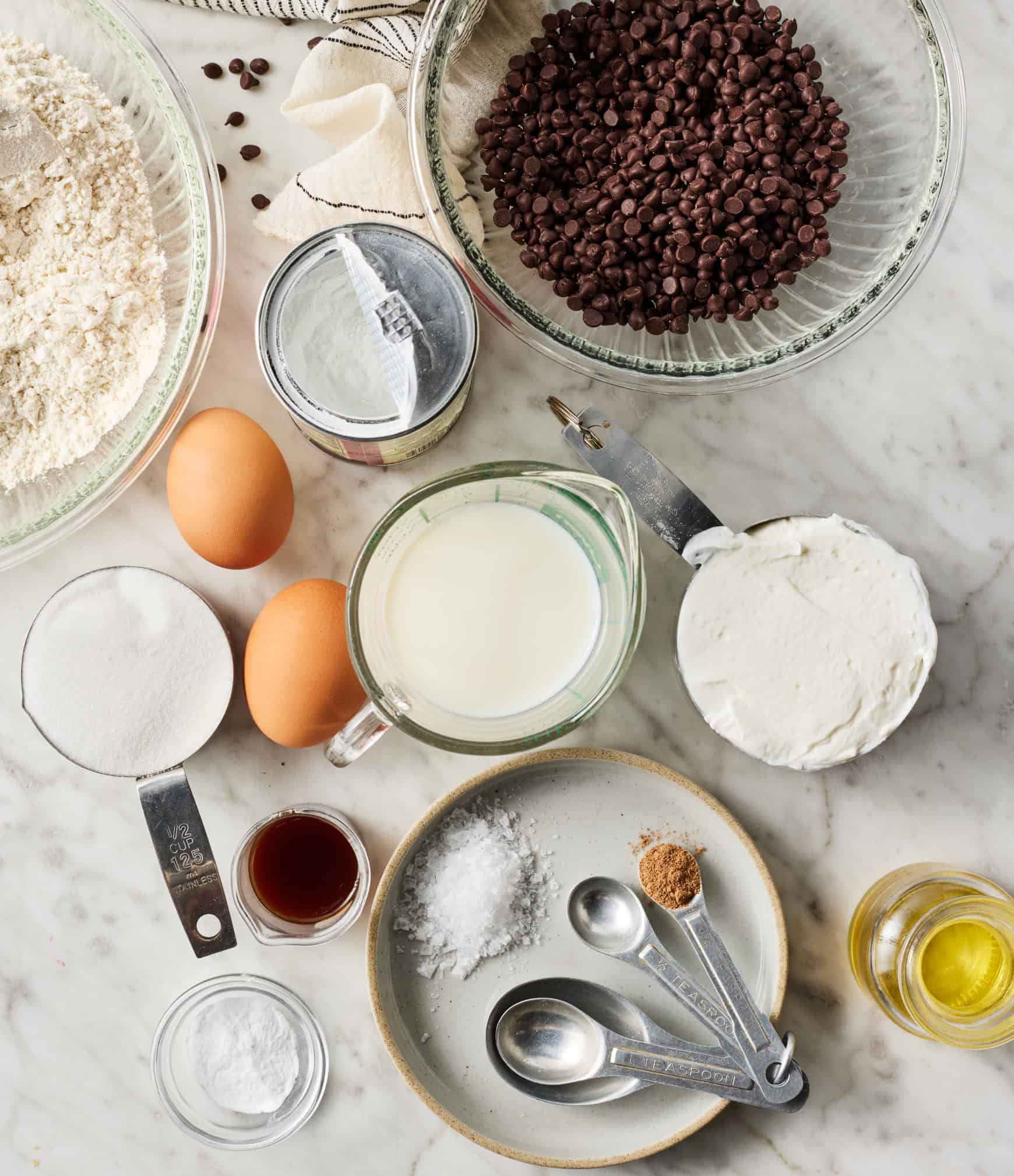 Chocolate chip mini muffins ingredients on countertop