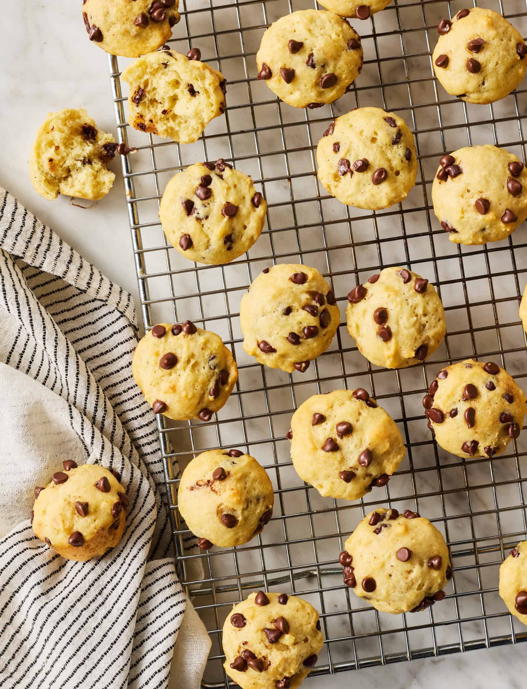 Chocolate chip mini muffins on cooling rack