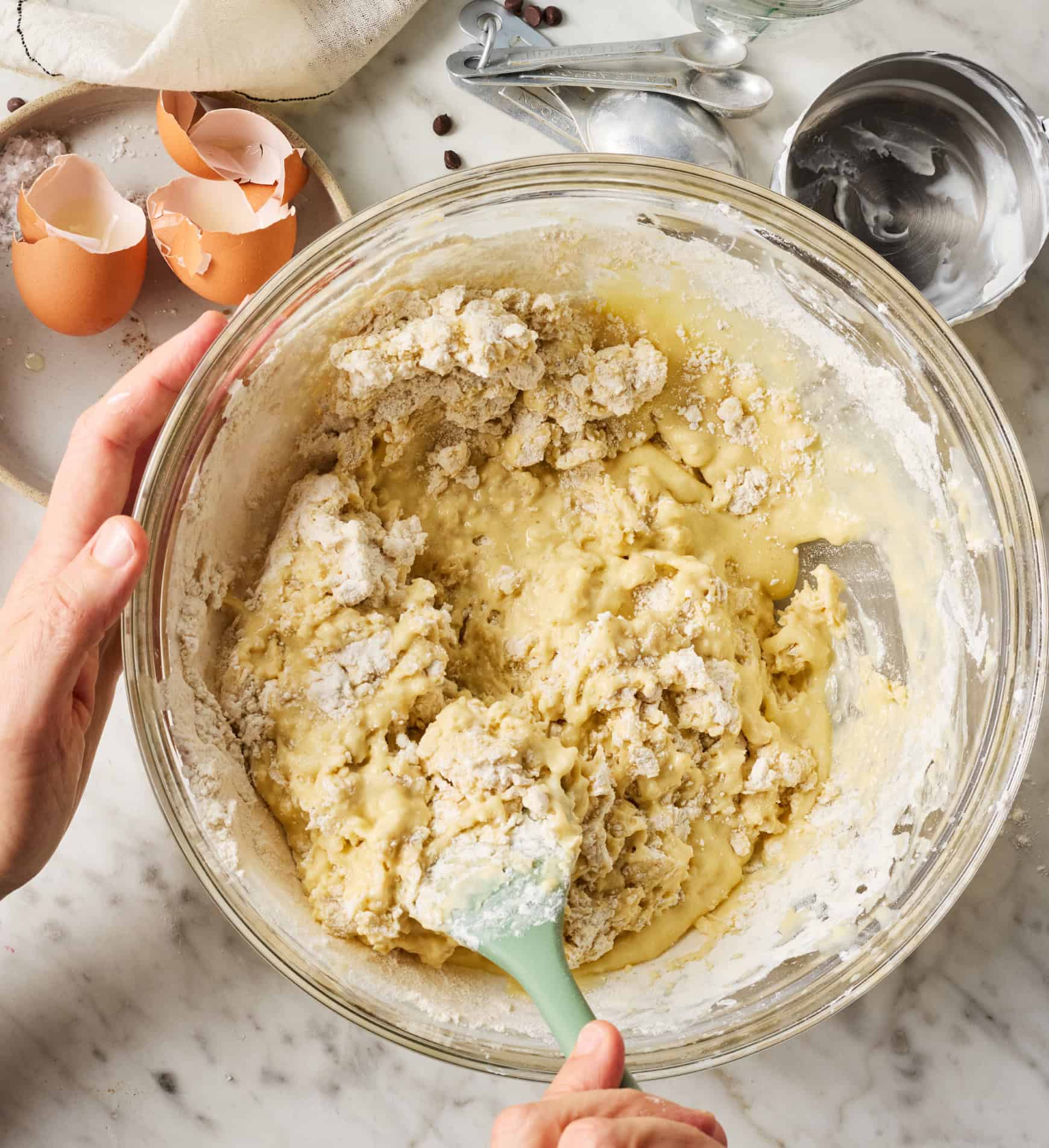 Mixing batter in glass bowl