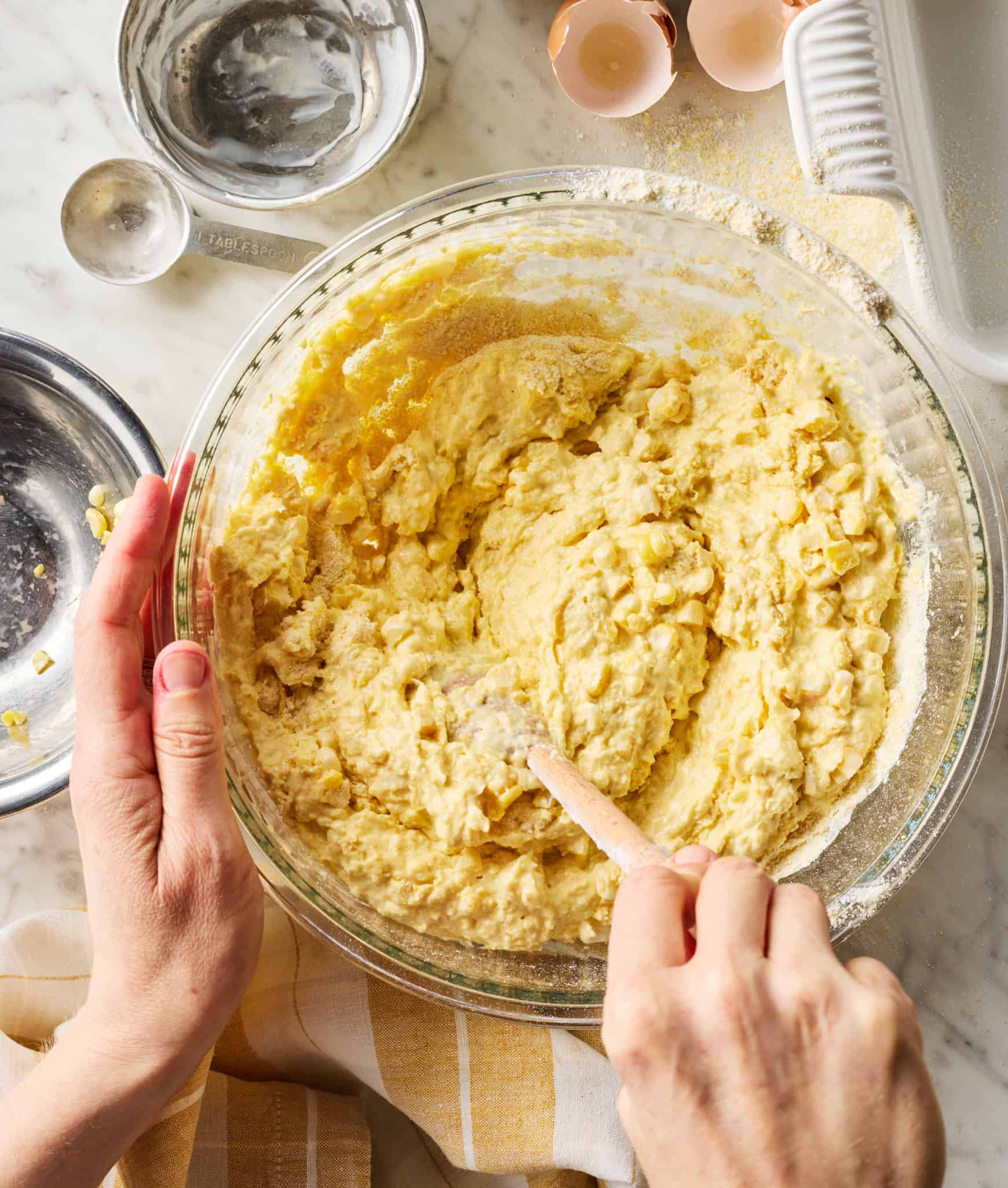 Mixing batter in glass bowl