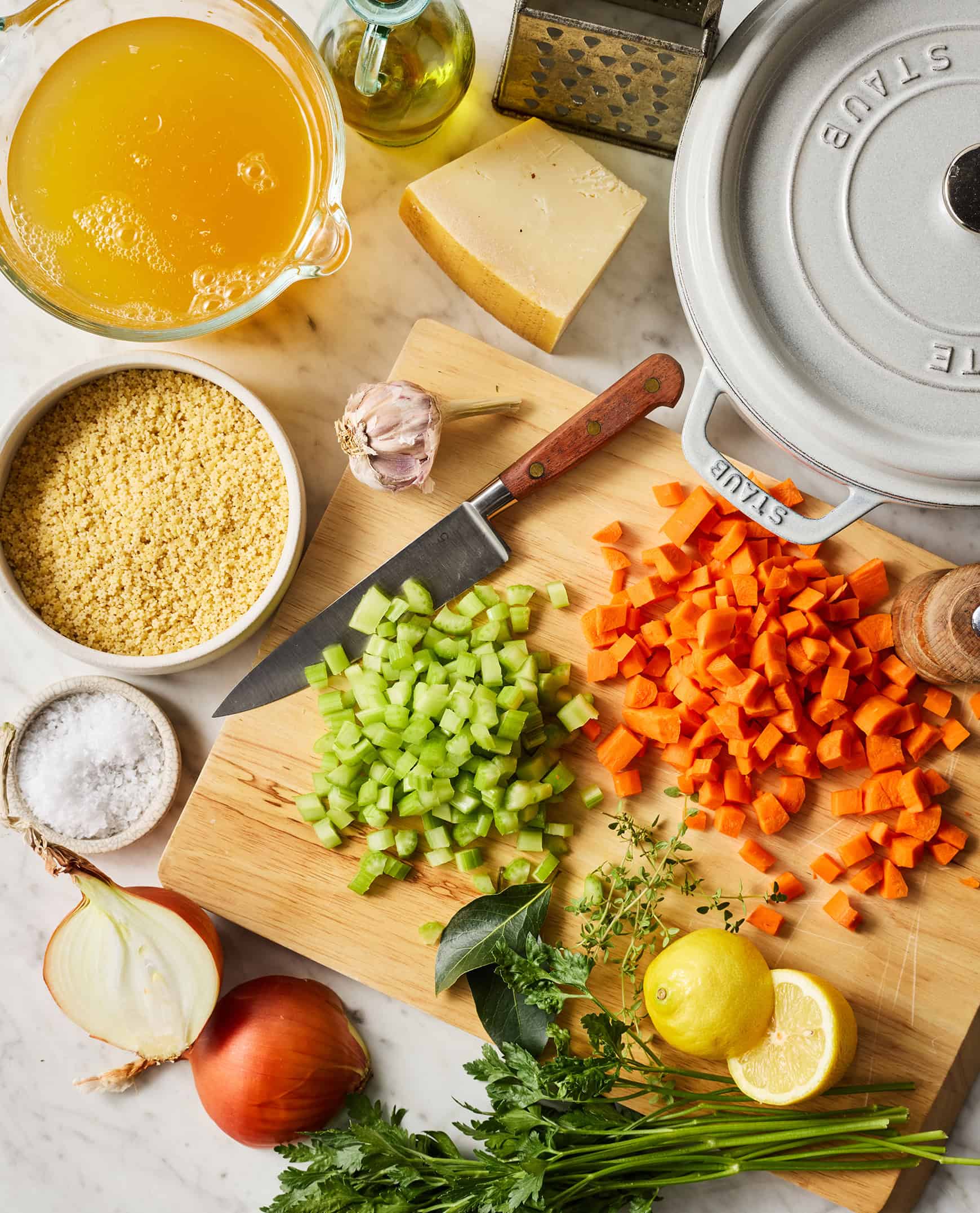 Pastina soup recipe ingredients on countertop