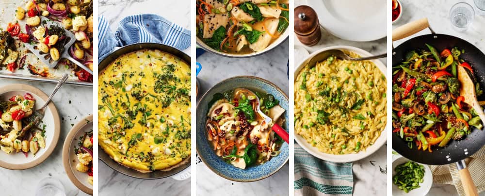 A row of five vibrant dishes including sheet pan gnocchi, a frittata, a soup, lemon orzo, and a stir fry