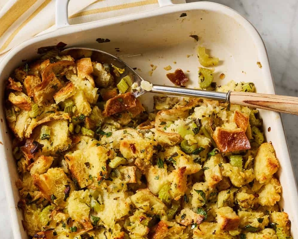 Thanksgiving stuffing in baking dish